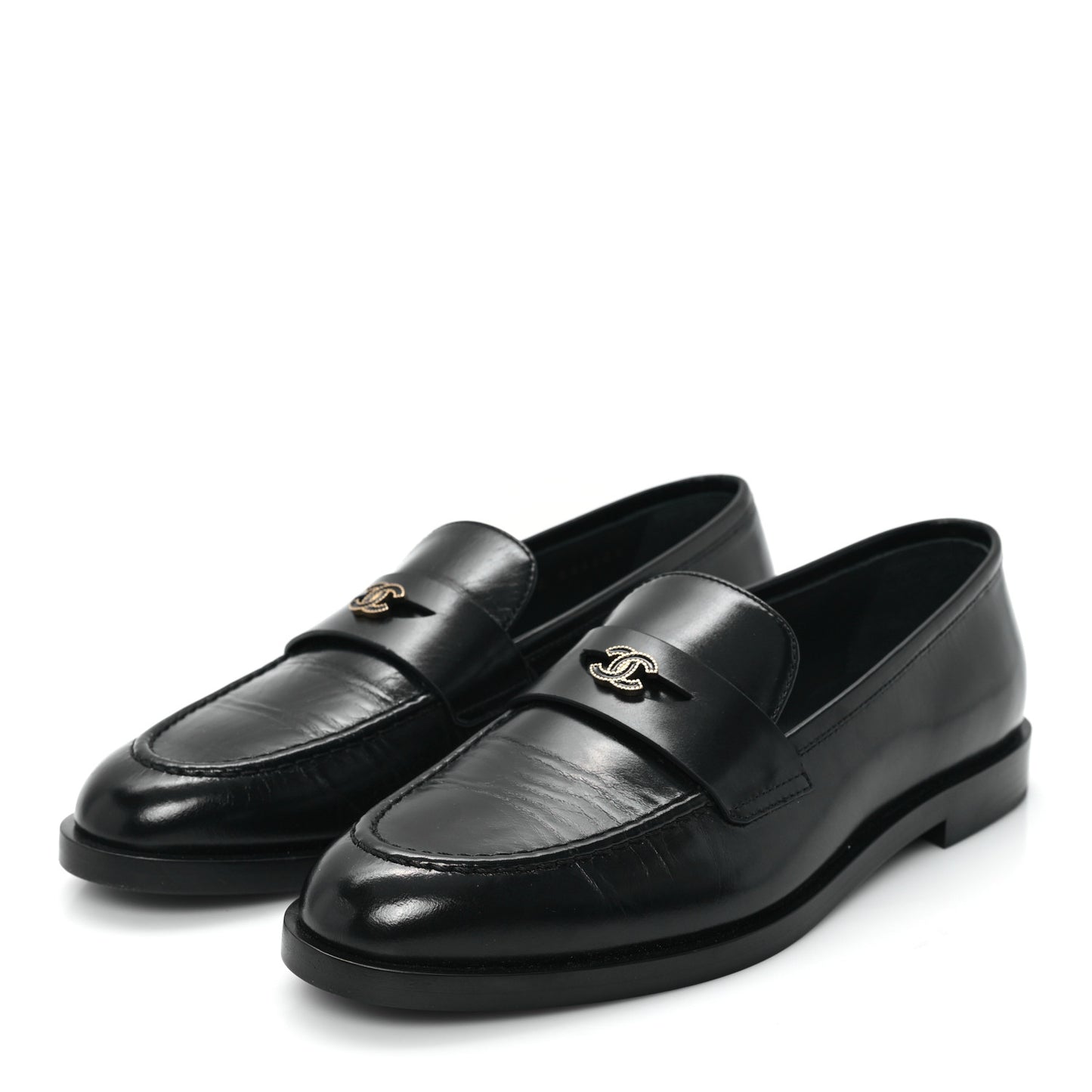 Shiny Calfskin CC Moccasin Loafers 36 Black