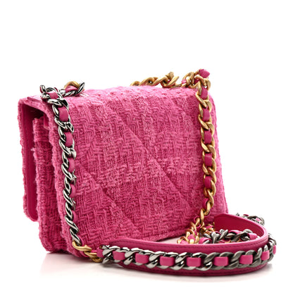 Chanel Wool Tweed Lambskin Quilted Chanel 19 Wallet On Chain WOC Fuchsia 3 of 10