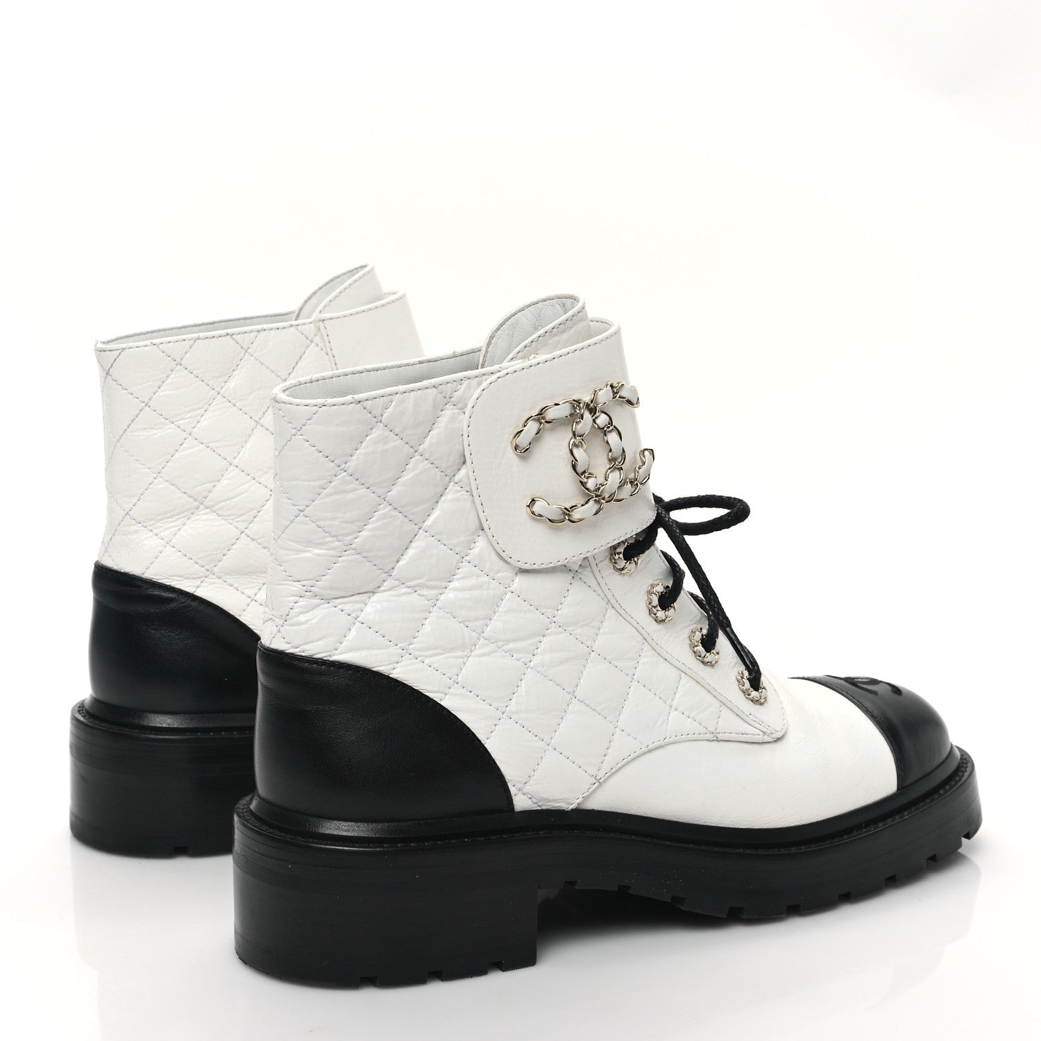 Chanel Shiny Goatskin Calfskin Quilted Lace Up Combat Boots 39 White Black 5 of 10