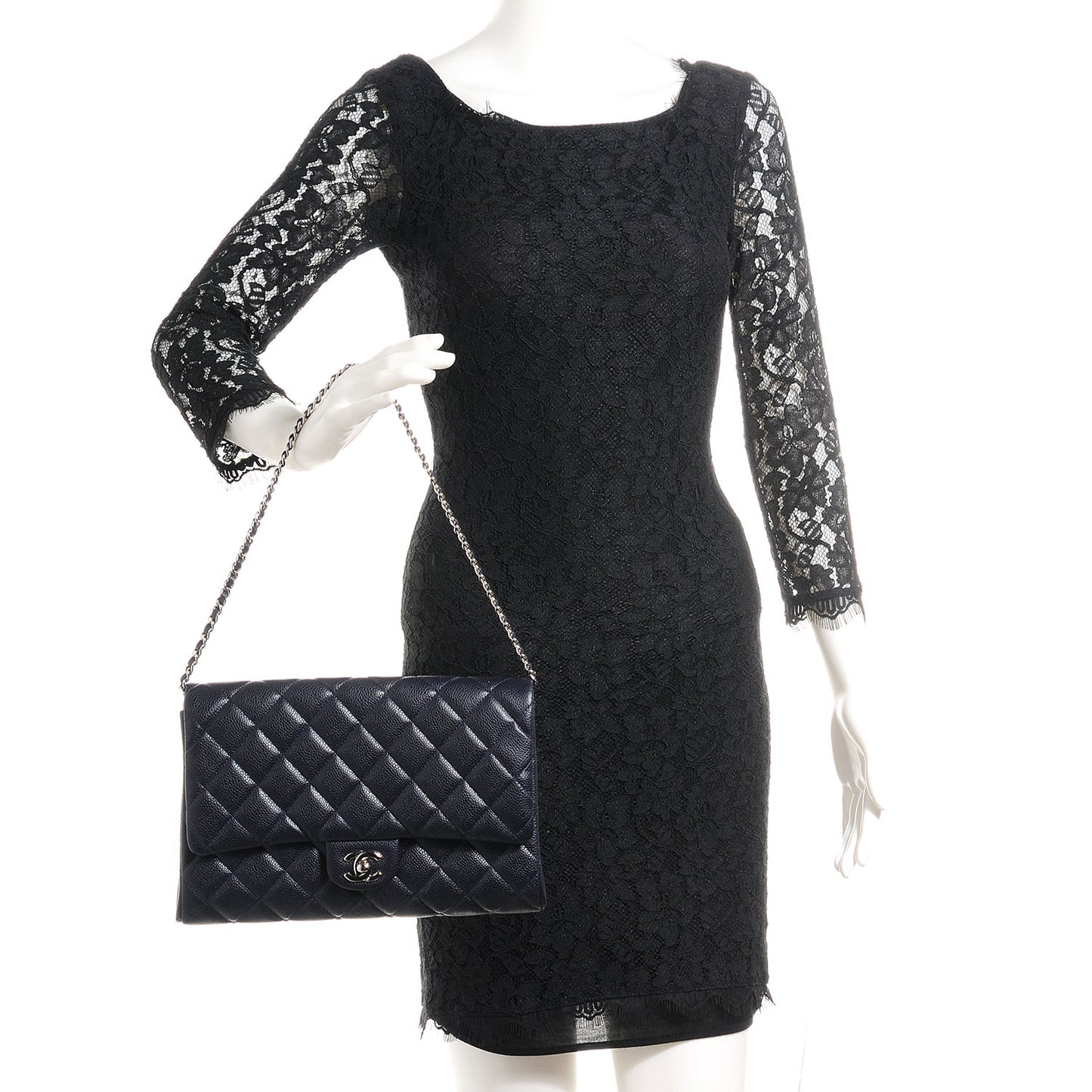 Caviar Quilted Clutch With Chain Flap Navy Blue