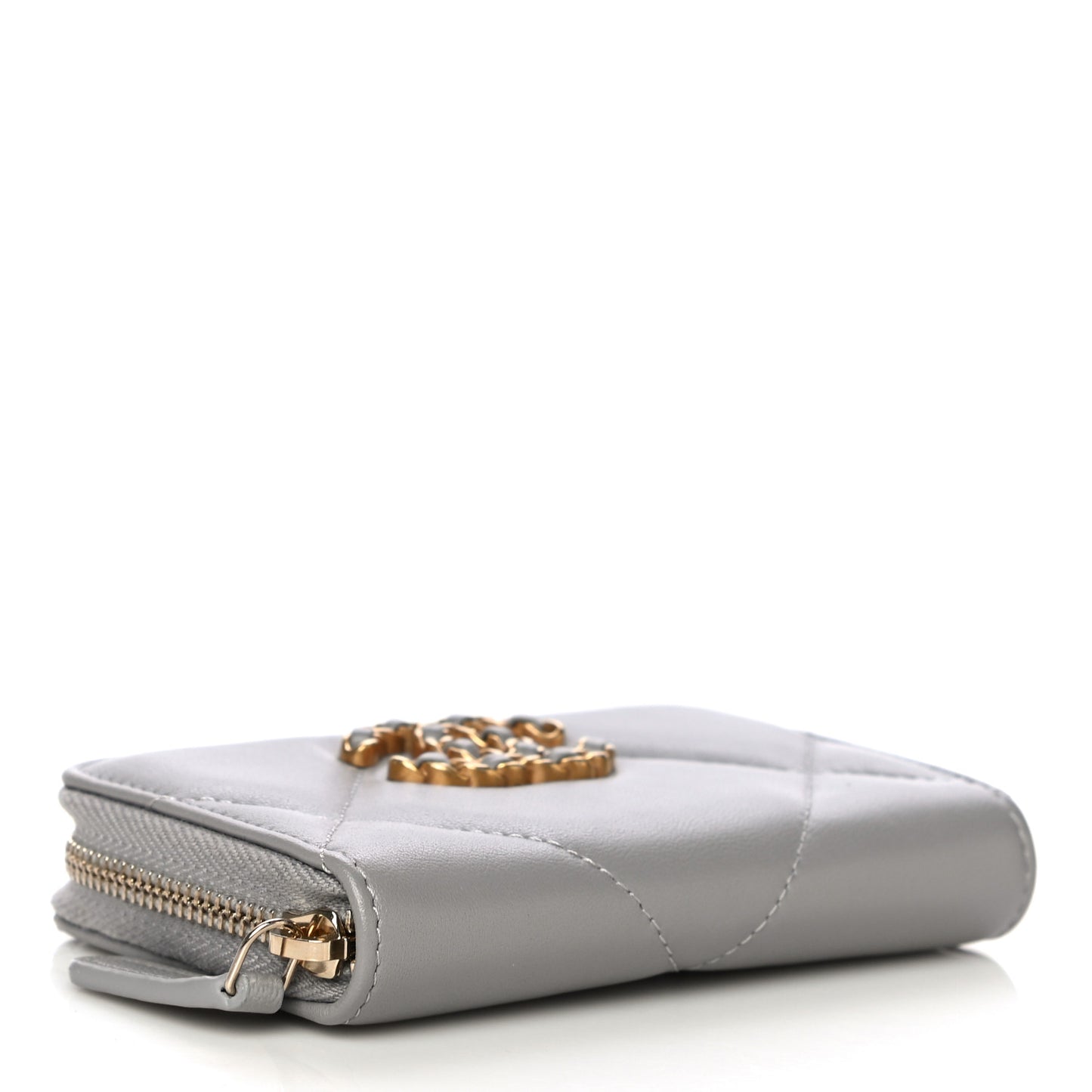 Lambskin Quilted Chanel 19 Zip Around Coin Purse Wallet Grey