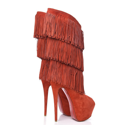 Christian Louboutin Suede Highness Tina Fringe Platform Peep Toe Boots 41 Red Brick 4 of 9