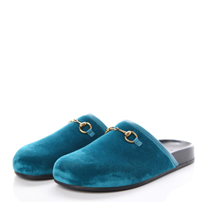 Gucci Softy Velvet Malaga Kid Womens Horsebit River Slippers 37.5 Pavone 3 of 8