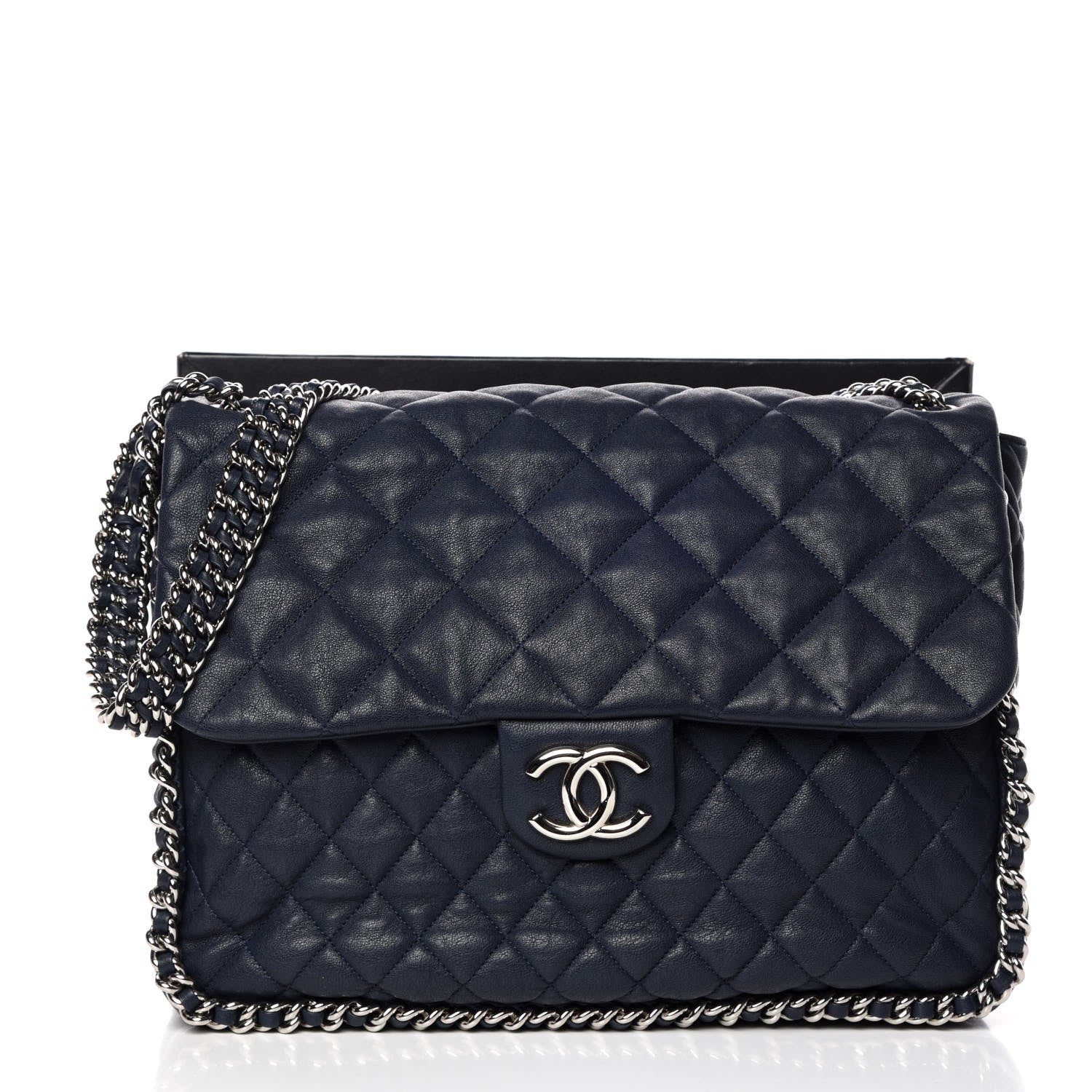 Chanel Washed Lambskin Quilted Chain Around Maxi Flap Dark Navy Blue 11 of 11