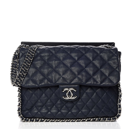Chanel Washed Lambskin Quilted Chain Around Maxi Flap Dark Navy Blue 11 of 11