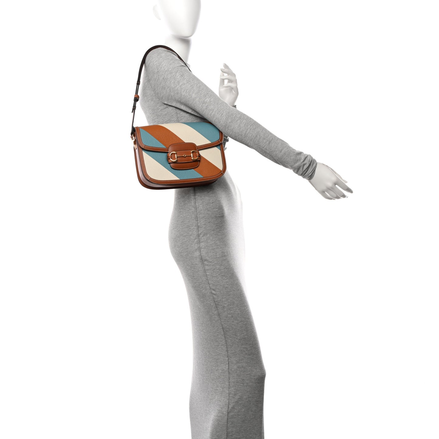 X DANS LE VERT Textured Dollar Calfskin Horsebit 1955 Shoulder Bag Dusty Azure Harness Brown Mystic White