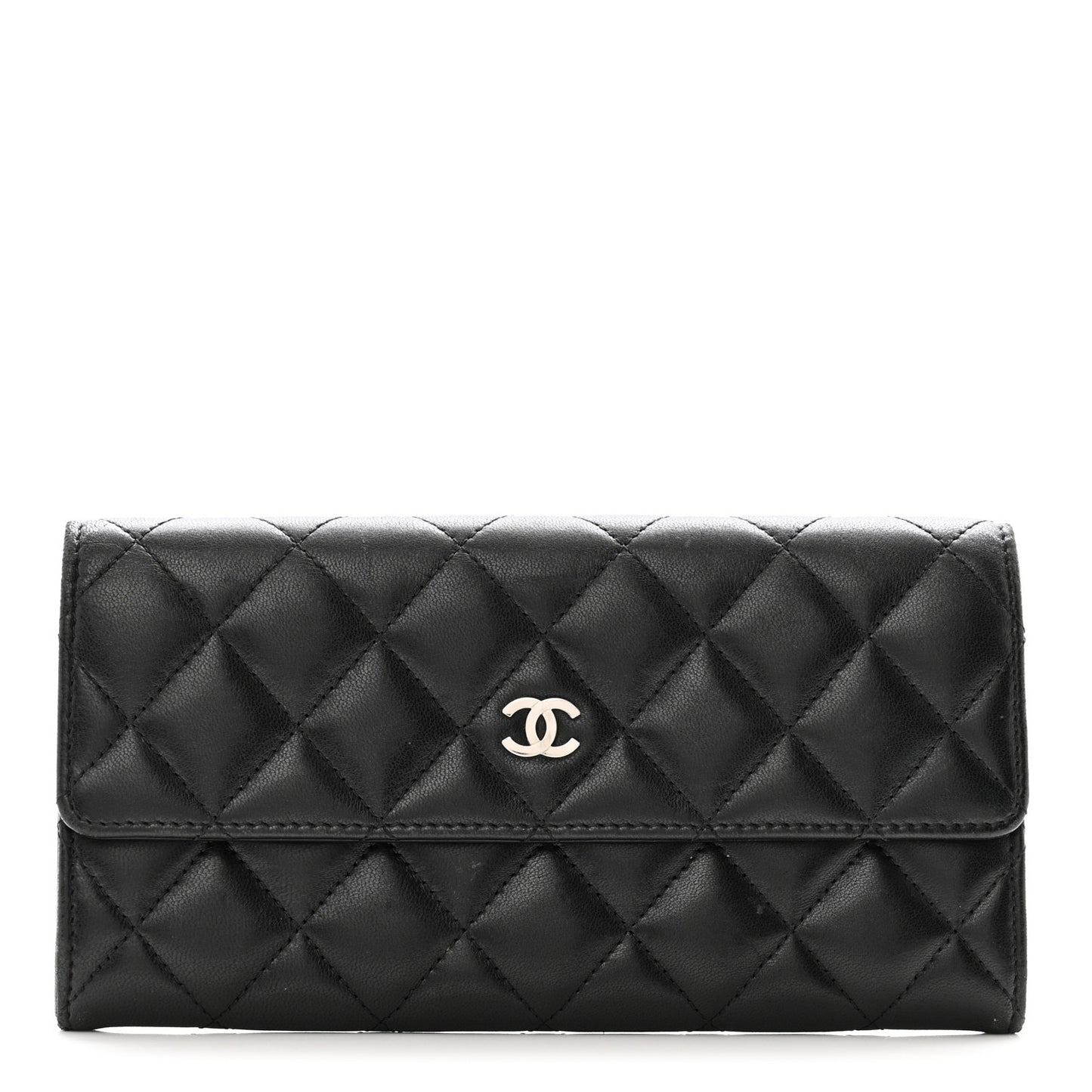 Lambskin Quilted Large Gusset Flap Wallet Black