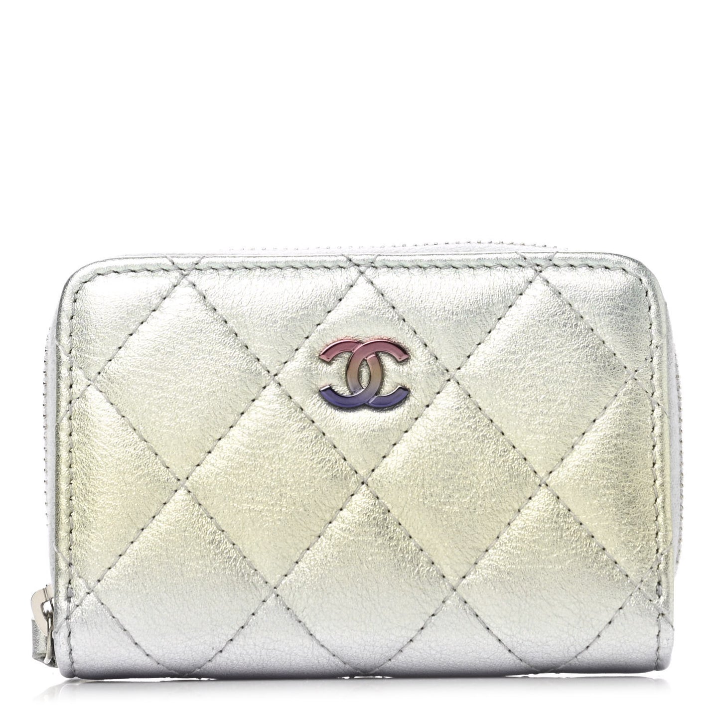 Gradient Metallic Calfskin Quilted Zip Around Coin Purse Wallet Silver Blue Yellow Purple