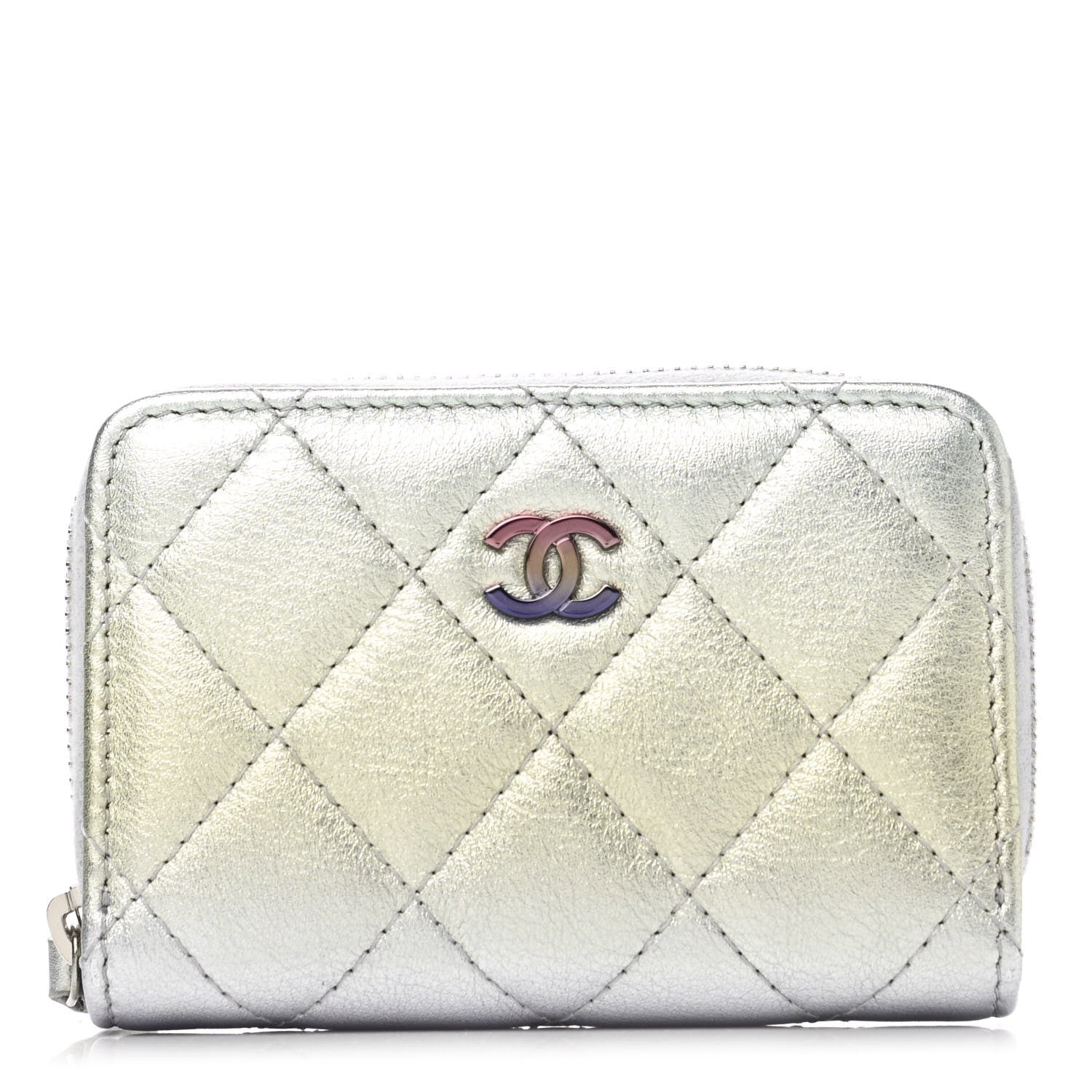 Chanel Gradient Metallic Calfskin Quilted Zip Around Coin Purse Wallet Silver Blue Yellow Purple 1 of 8