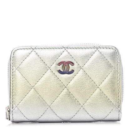 Chanel Gradient Metallic Calfskin Quilted Zip Around Coin Purse Wallet Silver Blue Yellow Purple 1 of 8