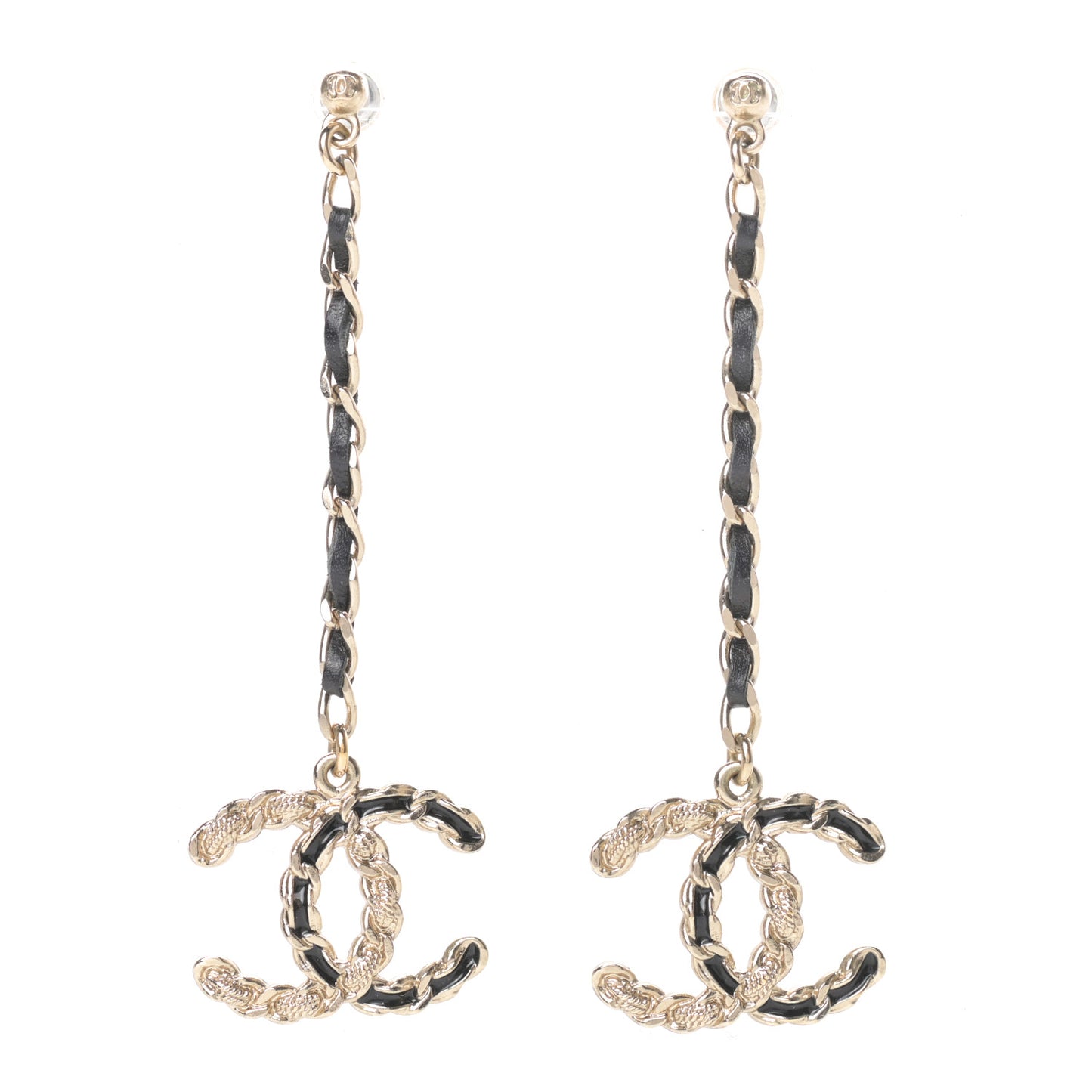 Lambskin Enamel Metal Chain French New Wave CC Drop Earrings Black Gold