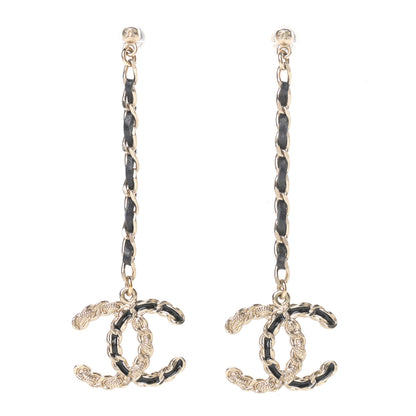 Chanel Lambskin Enamel Metal Chain French New Wave CC Drop Earrings Black Gold 1 of 5