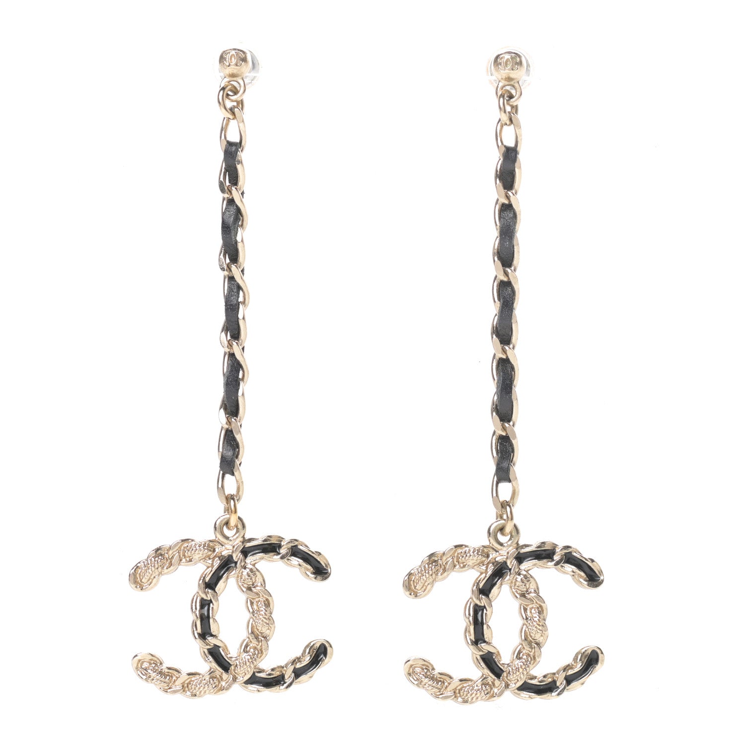 Chanel Lambskin Enamel Metal Chain French New Wave CC Drop Earrings Black Gold 1 of 5