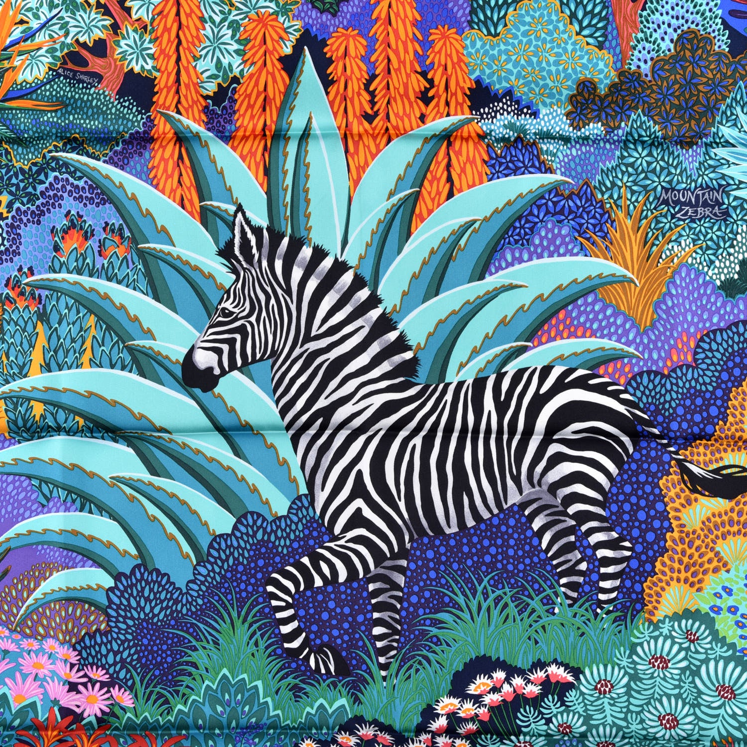 Hermes Silk Mountain Zebra Scarf 90 Turquoise Orange 750019