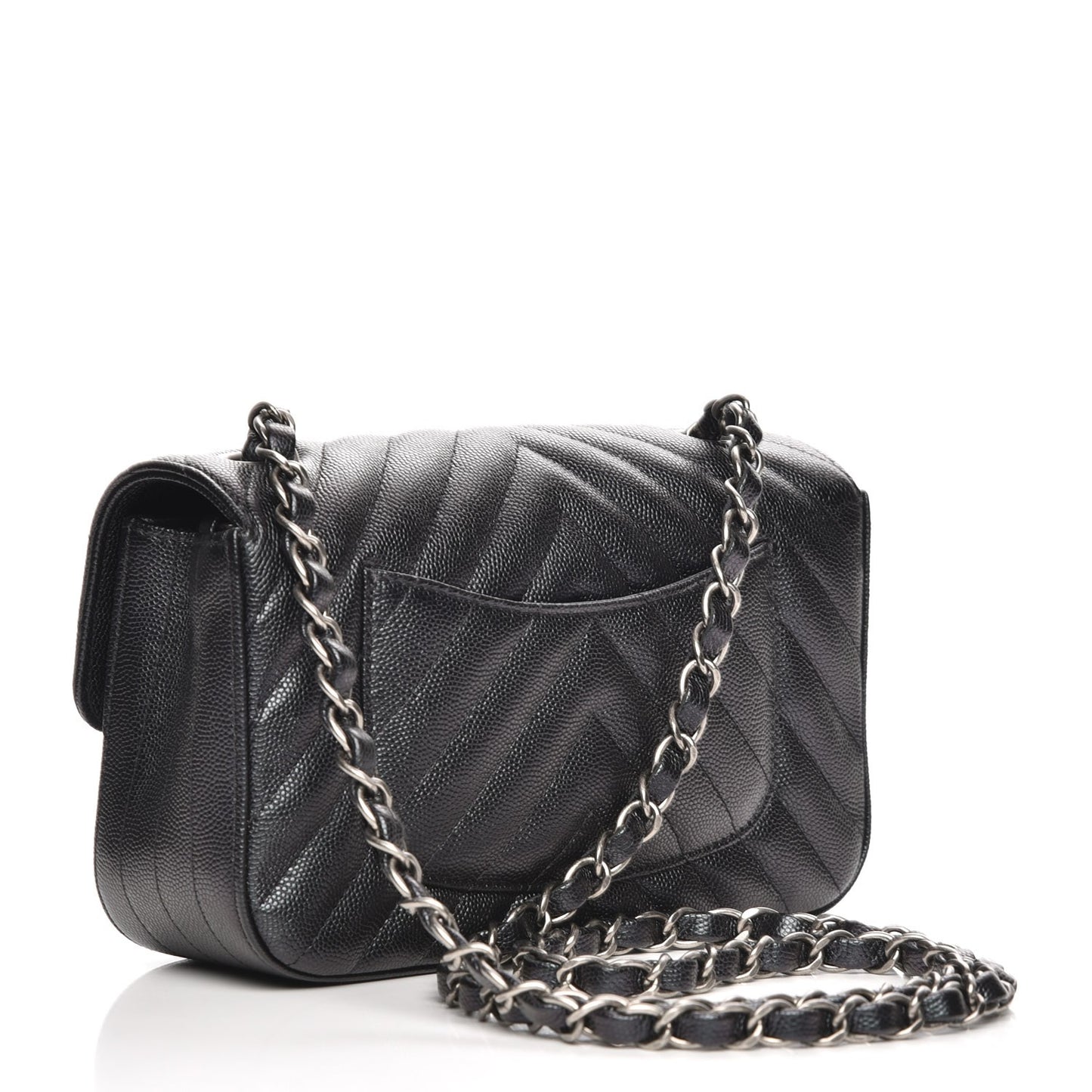 Metallic Caviar Chevron Quilted Mini Rectangular Flap Black