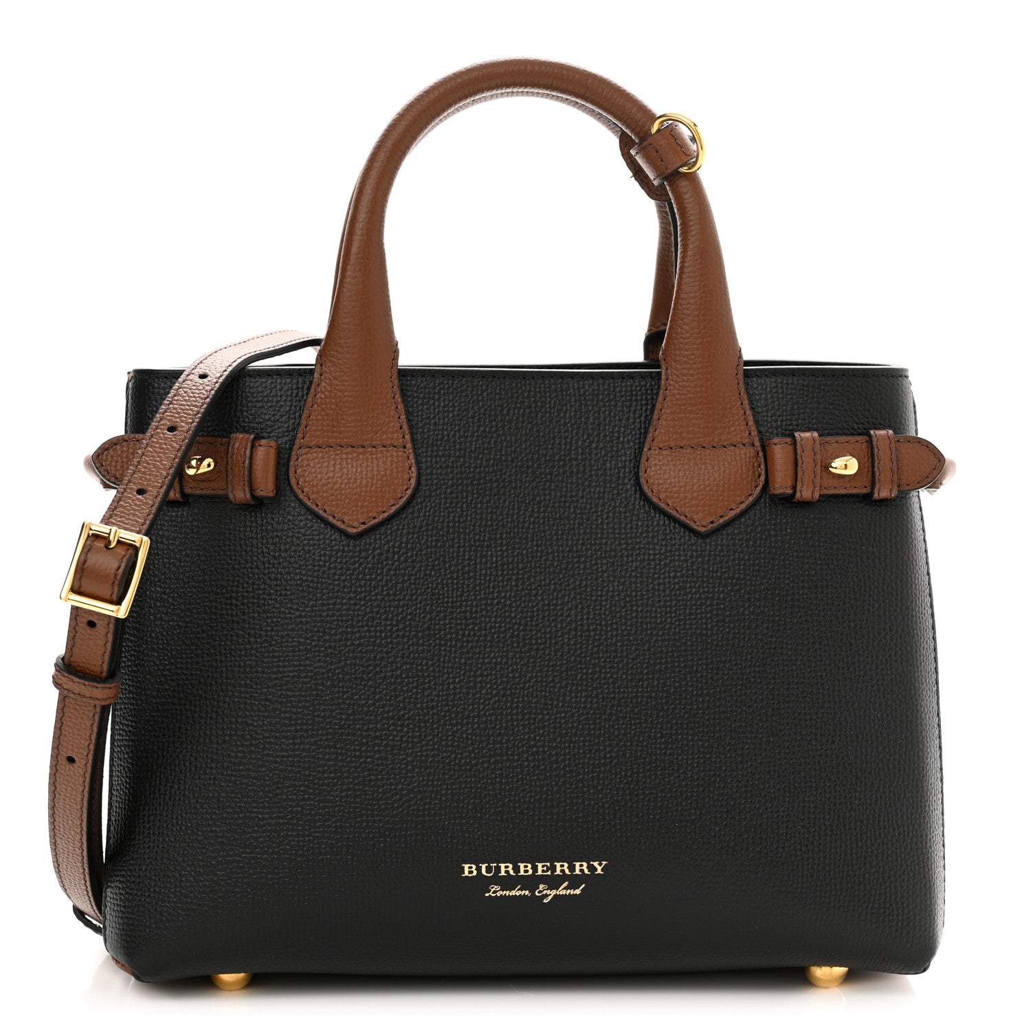 Burberry Derby Calfskin House Check Small Banner Tote Black Tan 1 of 9