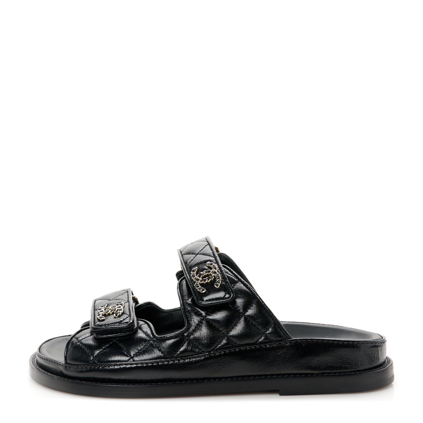 Lambskin Quilted Velcro Dad Chain CC Slide Sandals 35 Black