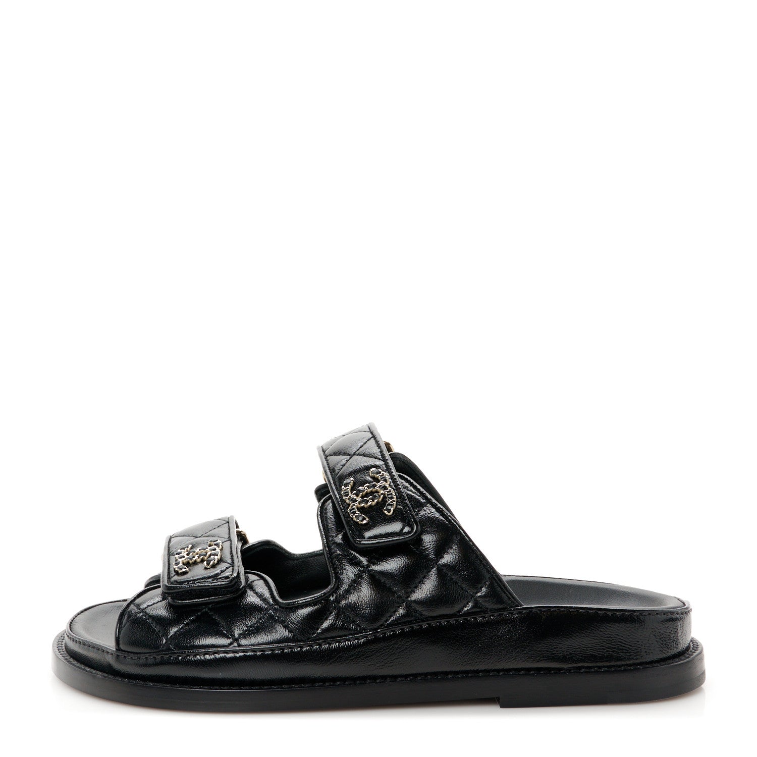 Chanel Lambskin Quilted Velcro Dad Chain CC Slide Sandals 35 Black 1 of 10