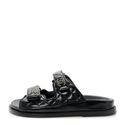 Chanel Lambskin Quilted Velcro Dad Chain CC Slide Sandals 35 Black 1 of 10