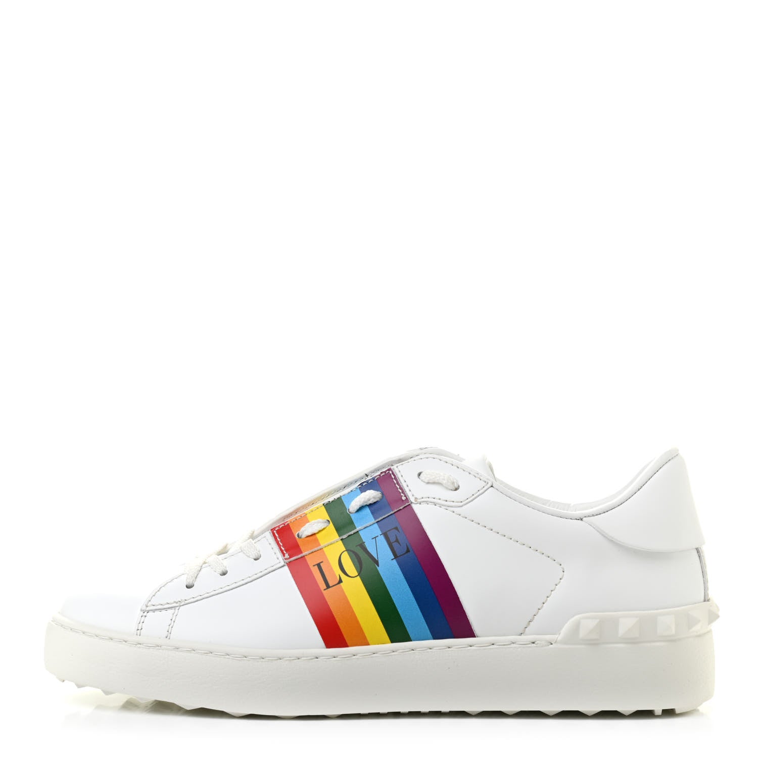 Valentino Garavani Calfskin Rainbow Printed Rockstud Open Sneakers 38.5 White Multicolor 1 of 8