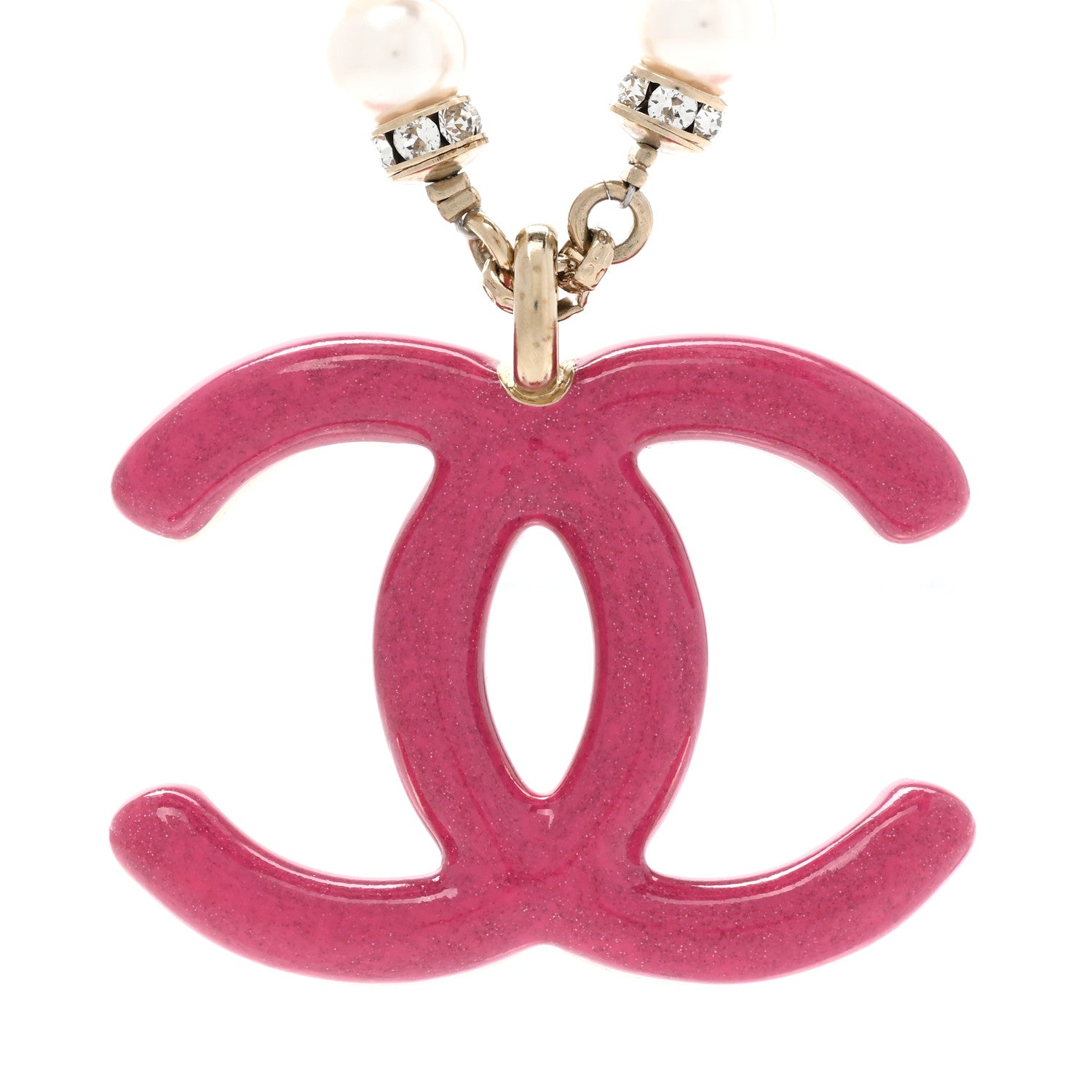 Chanel Pearl Crystal Resin CC Reversible Necklace Pink Gold White 5 of 7
