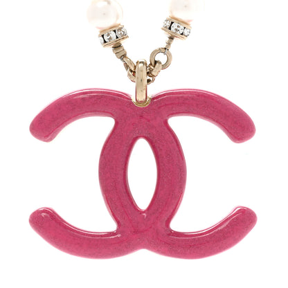 Chanel Pearl Crystal Resin CC Reversible Necklace Pink Gold White 5 of 7