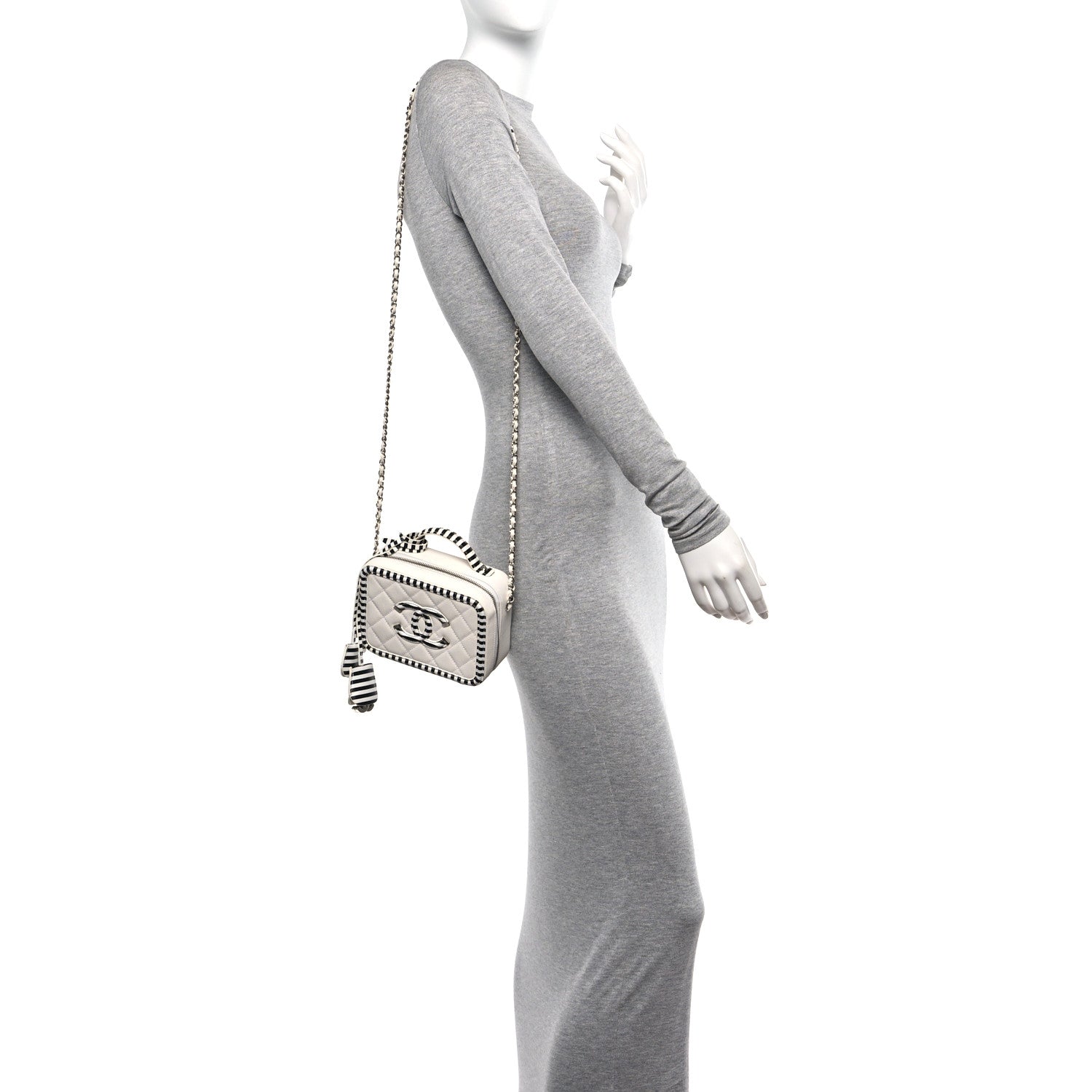 Chanel Caviar Quilted Striped Small CC Filigree Vanity Case White Black 2 of 10