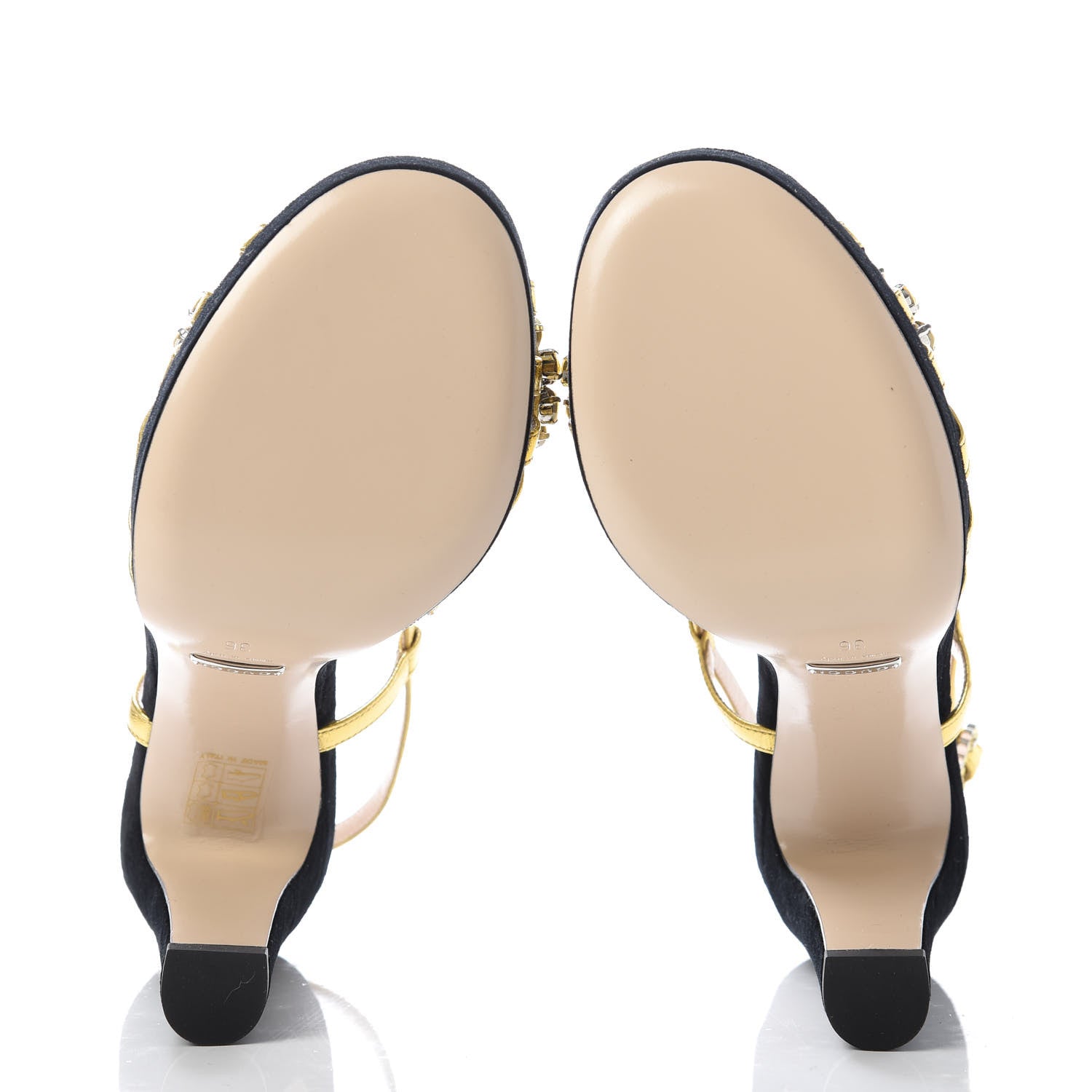 Gucci Velvet Nappa Crystal Zephyra Slingback Platform High Heel Sandals 36 Black Gold 5 of 9