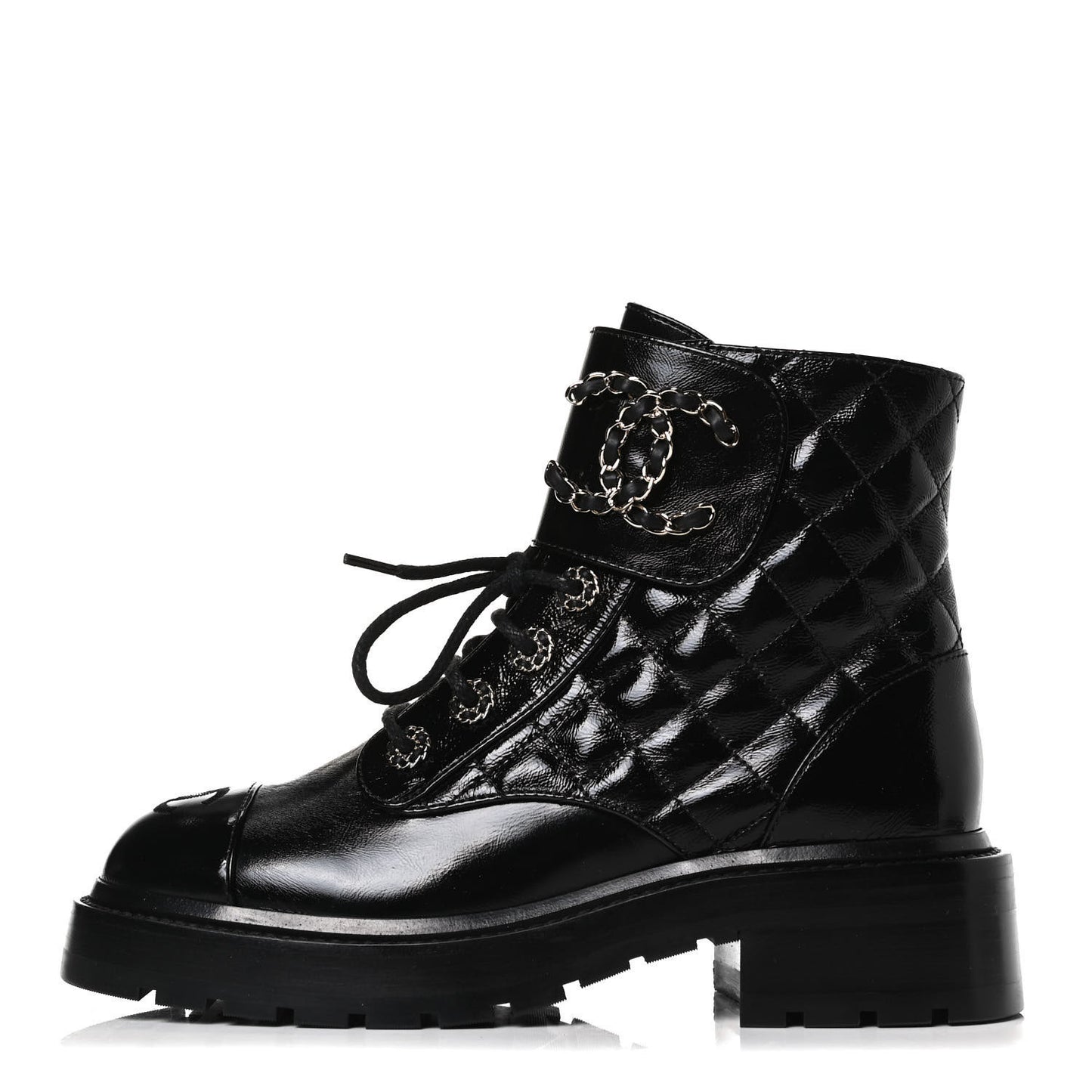 Shiny Calfskin Quilted Lace Up Combat Boots 35.5 Black