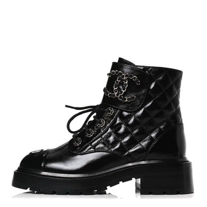 Chanel Shiny Calfskin Quilted Lace Up Combat Boots 35.5 Black 1 of 13