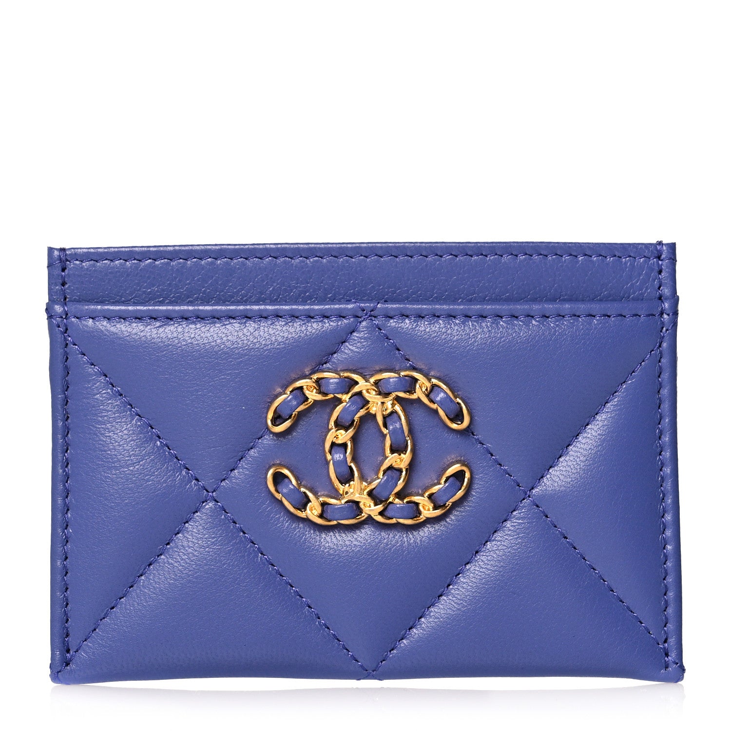 Chanel Shiny Goatskin Quilted Chanel 19 Card Holder Blue 1 of 10