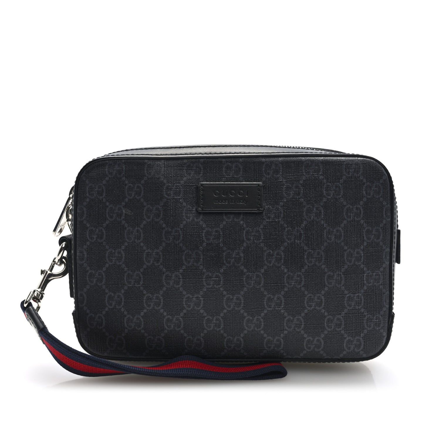 GG Supreme Monogram Appia Calfskin Web Wristlet Black