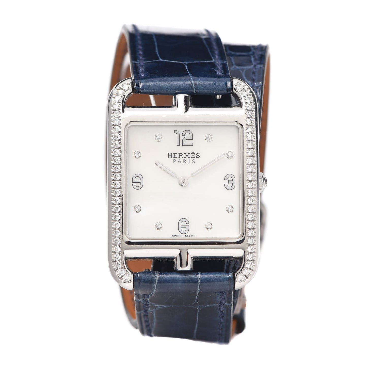 Stainless Steel Alligator Diamond Bezel Mother of Pearl 29mm Cape Cod Double Tour Quartz Watch Bleu Saphir