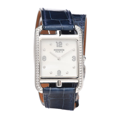 Hermes Stainless Steel Alligator Diamond Bezel Mother of Pearl 29mm Cape Cod Double Tour Quartz Watch Bleu Saphir 1 of 6