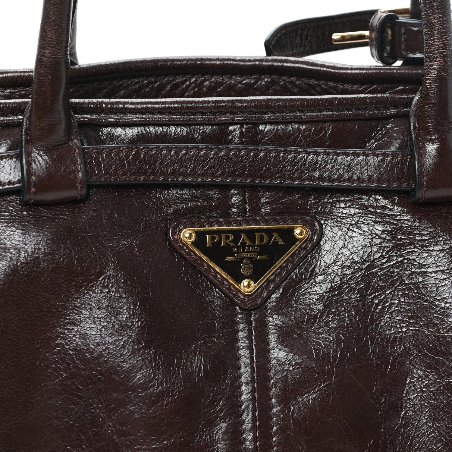 Prada Glossy Calfskin Triangle Medium Bonnie Shoulder Bag Dark Brown 7 of 9