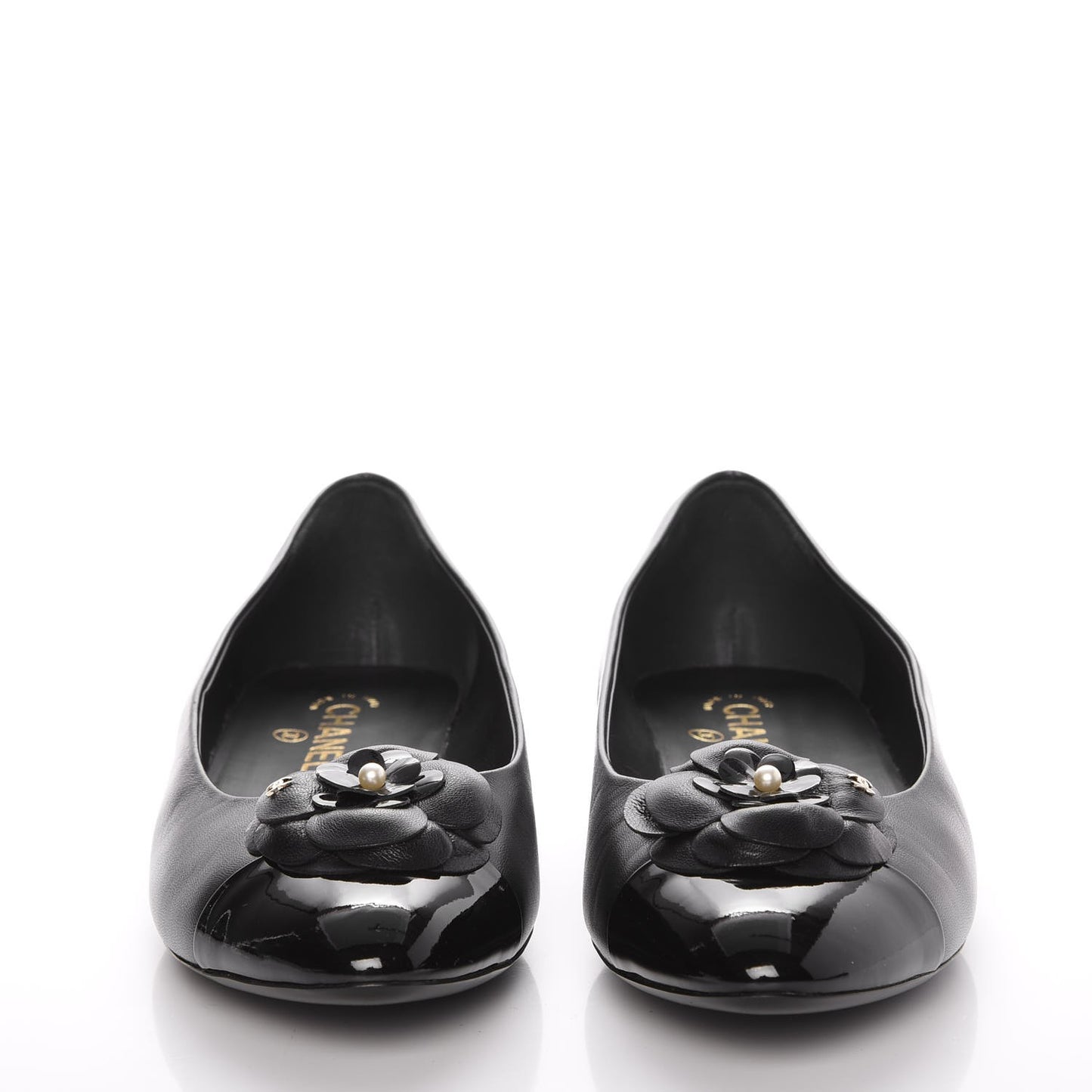 Lambskin Patent Cap Toe Camellia Ballerina Flats 42 Black
