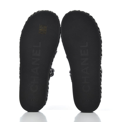 Chanel Cord Lambskin Quilted Logo Sandals 39 Black White 5 of 9