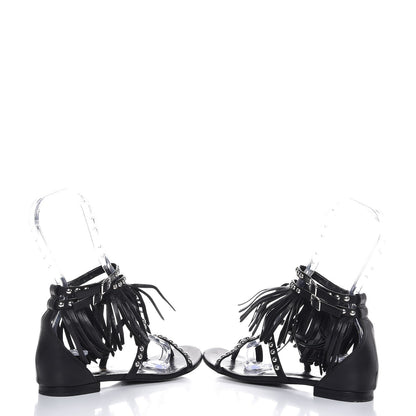 Saint Laurent Calfskin Studded Fringe Cyuko Sandals 37.5 Black 5 of 8
