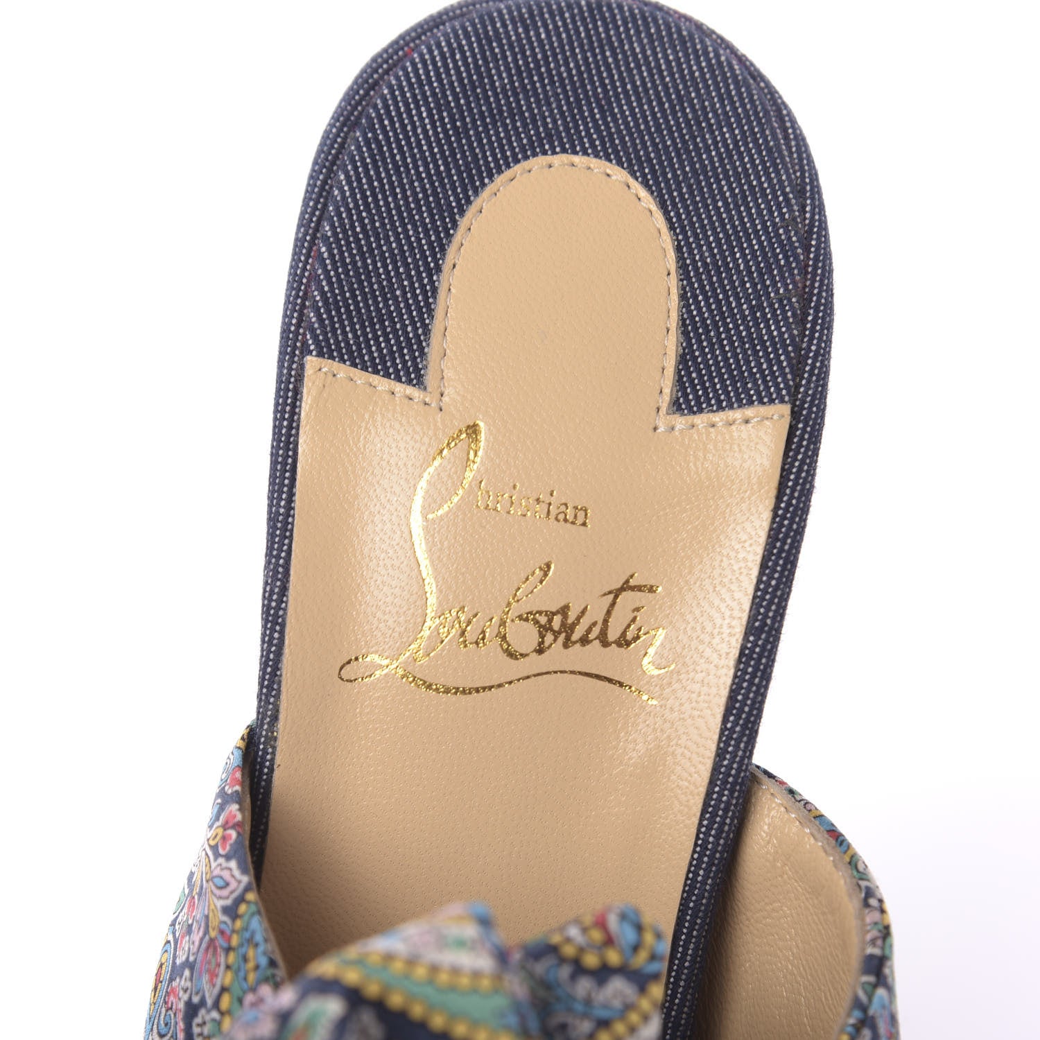 Christian Louboutin Satin Paisley Denim Moniquissima 120 Platform Slide Sandals 38 Positano Blue 6 of 9