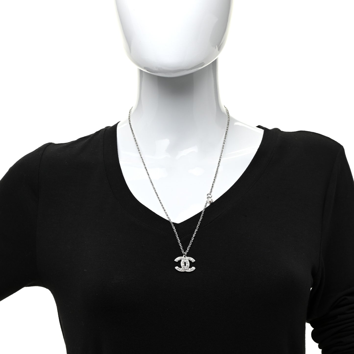 Pearl Crystal CC Pendant Necklace Silver