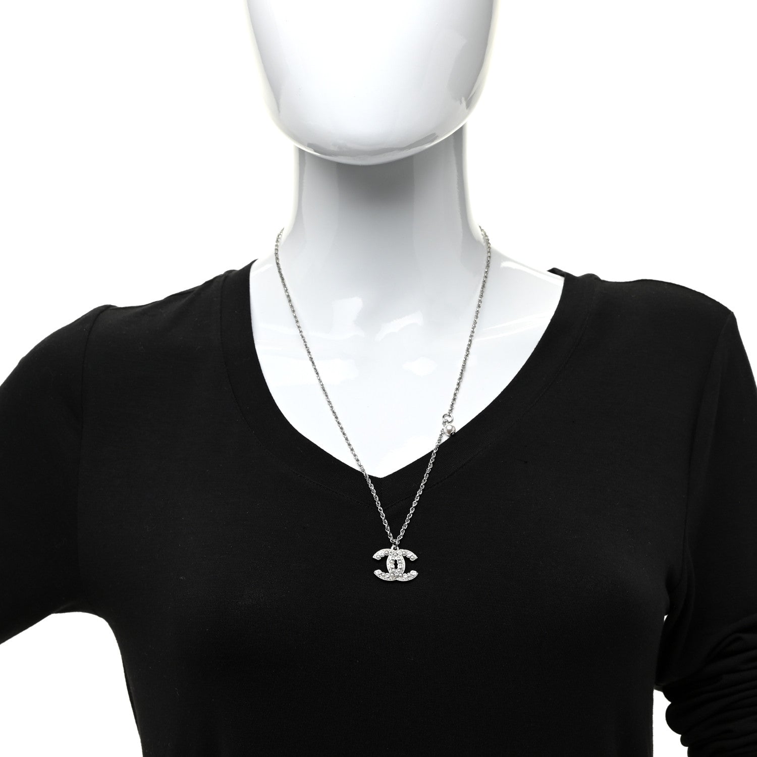 Chanel Pearl Crystal CC Pendant Necklace Silver 2 of 5