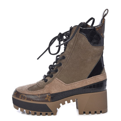 Louis Vuitton Suede Calfskin Monogram Laureate Platform Desert Boots 35 Taupe 1 of 9