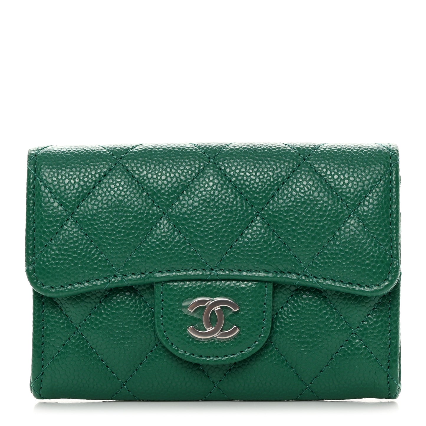 Caviar Quilted Flap Card Holder Wallet Green