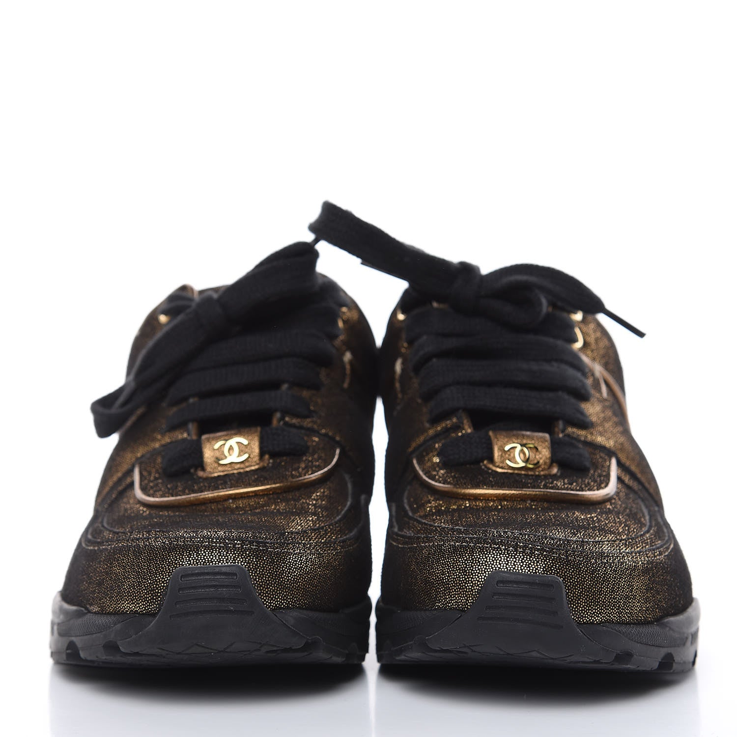 Chanel Metallic Fabric Calfskin Womens CC Sneakers 36.5 Golden Brown 2 of 9