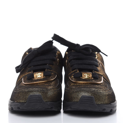 Chanel Metallic Fabric Calfskin Womens CC Sneakers 36.5 Golden Brown 2 of 9