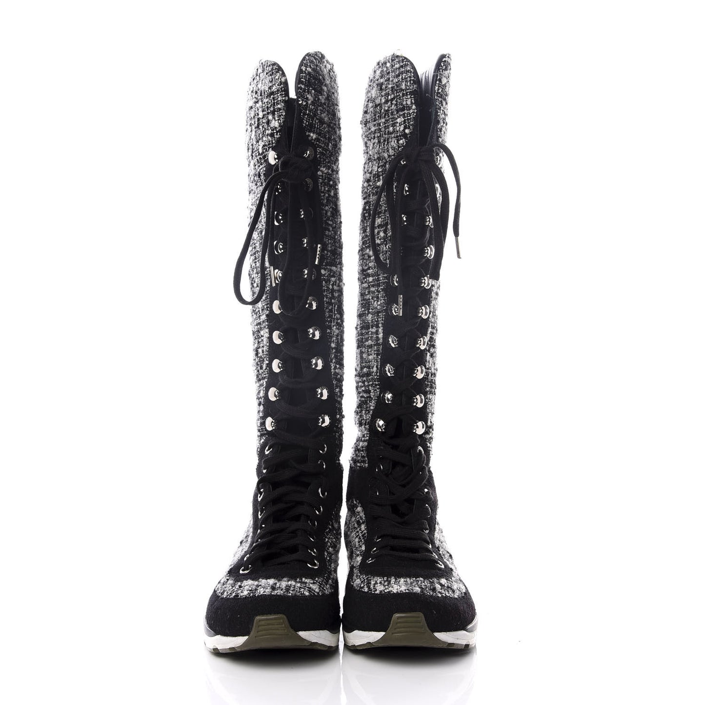 Tweed Suede Calfskin Sneaker High Boots 37 Black White