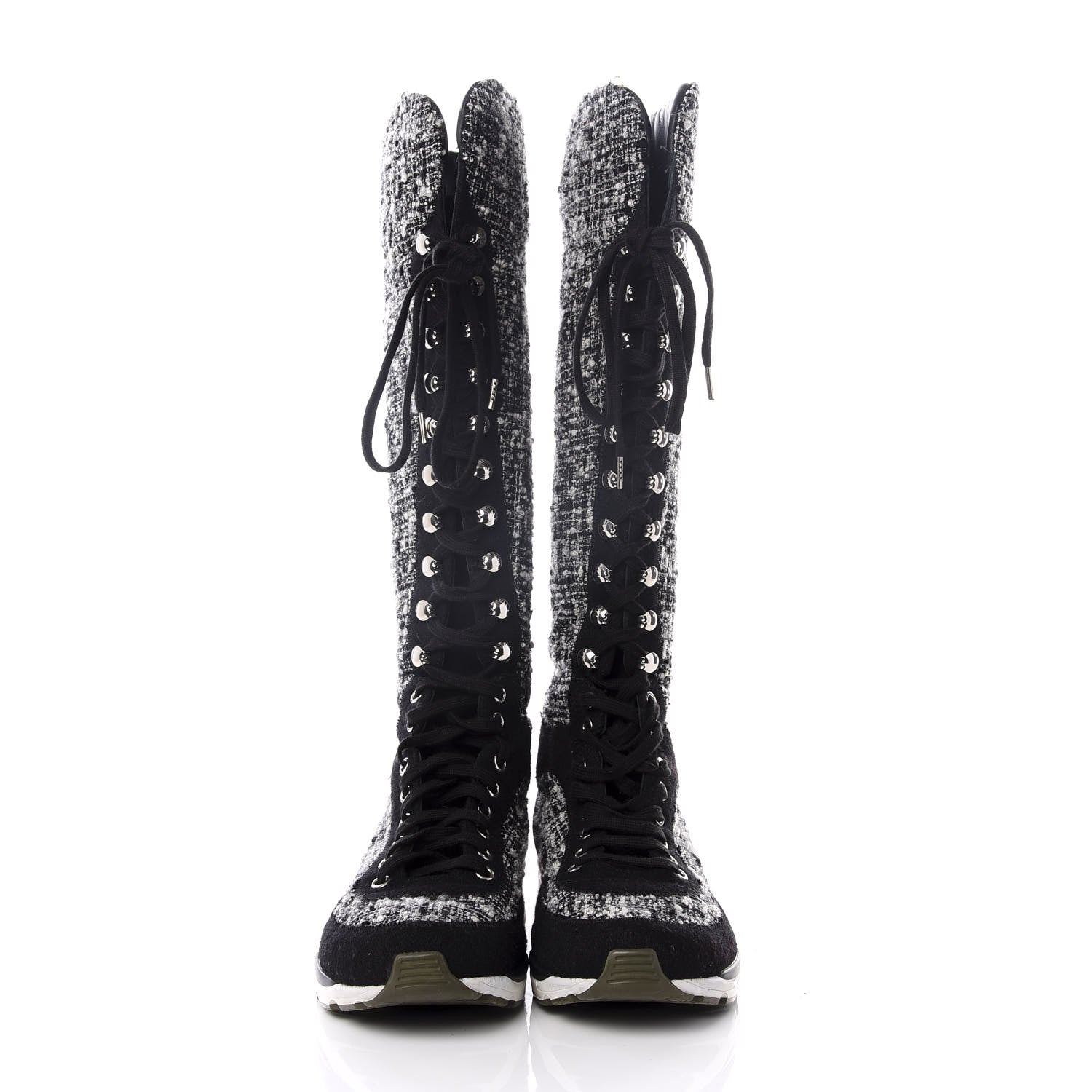 Chanel Tweed Suede Calfskin Sneaker High Boots 37 Black White 2 of 9