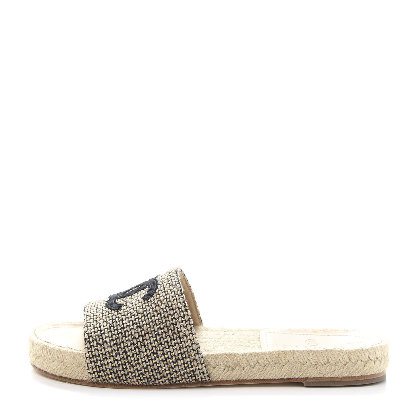 Metallic Tweed CC Espadrille Slip On Sandals 36 Beige Black
