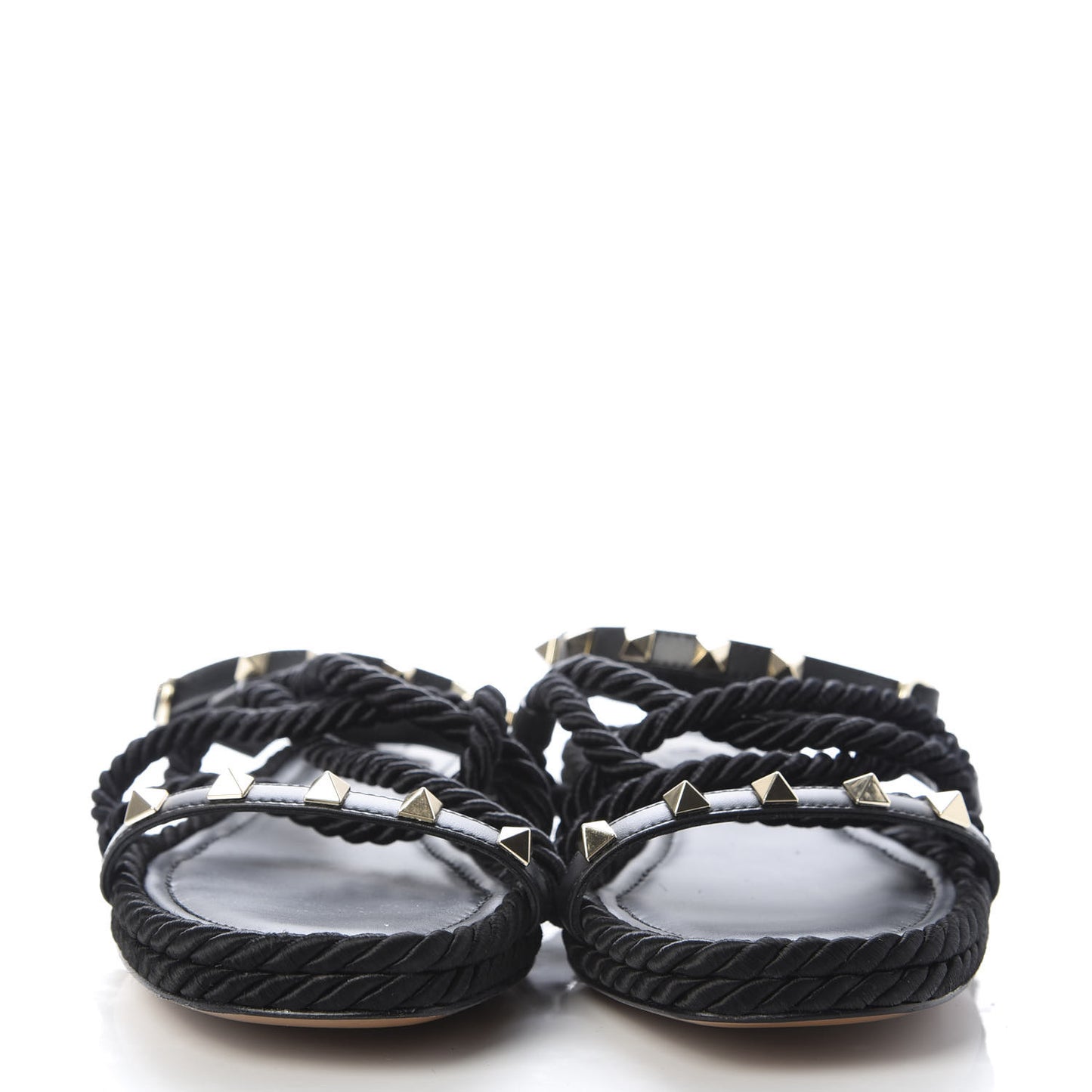 Calfskin Rockstud Torchon Rope Espadrille Flat Sandals 35 Black