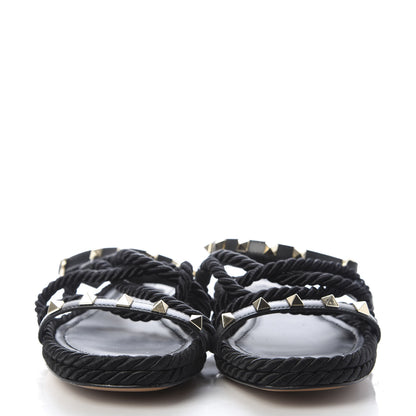 Valentino Garavani Calfskin Rockstud Torchon Rope Espadrille Flat Sandals 35 Black 2 of 10